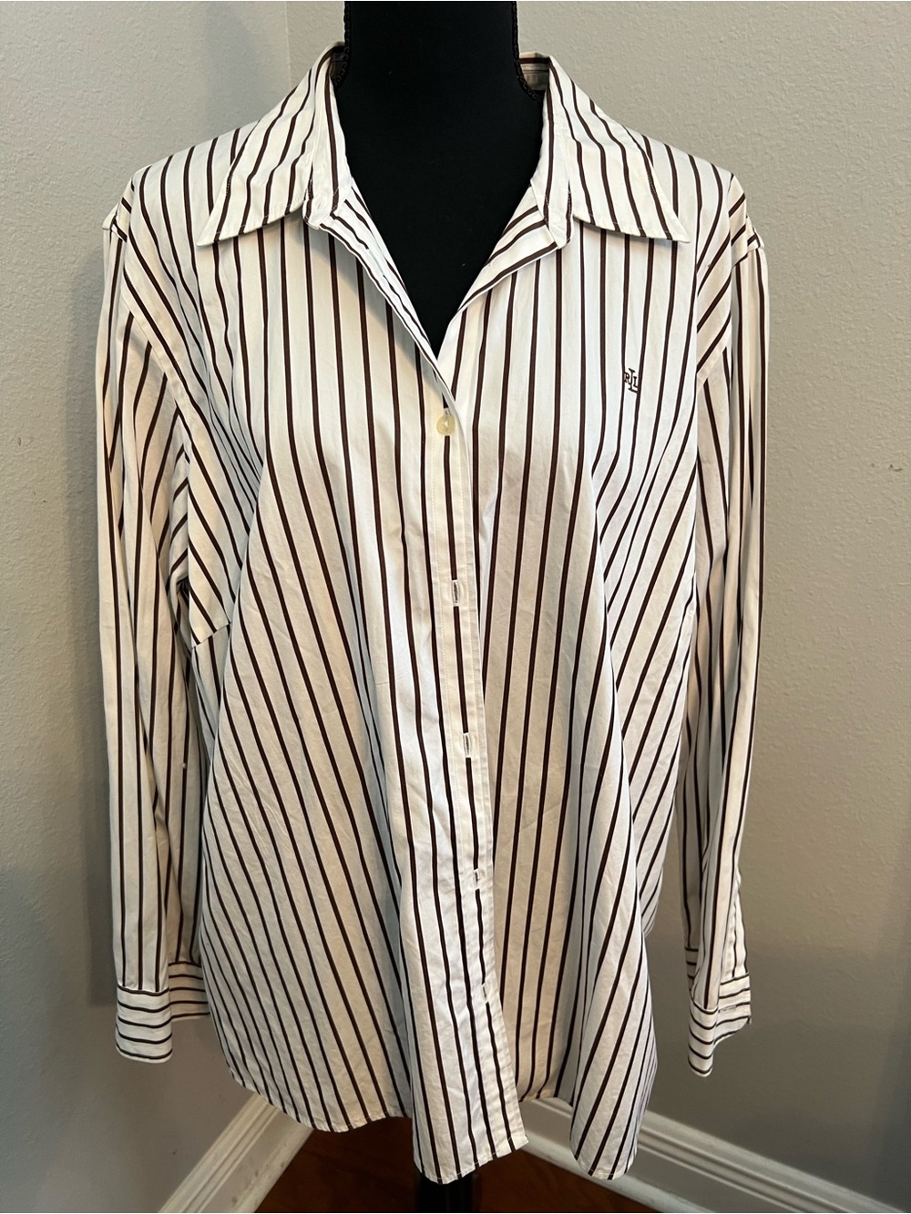 Lauren Ralph Lauren White Button-Down Shirt with Brown Stripes - Women’s 2X